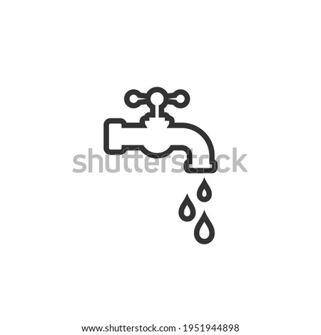 water tap with classic old valve and liquid drops. black line icon isolated on white. Turn on and turn off faucet. Saving water.  Faucet pictogram. Vecrot illustration. 