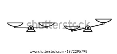 Line mechanical scales balance icon set isolated on white.  Justice, law scale. Vector illustration.   value, solution and rationality balance. pros and cons scale.