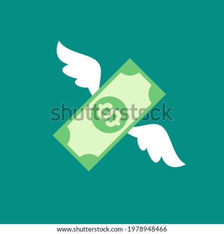 dollar banknote with white wings. Flat  blue background. Flying money. Economy, finance, money pictogram. Wealth symbol.  Vector illustration. Free, easy.  Spend, expenses  