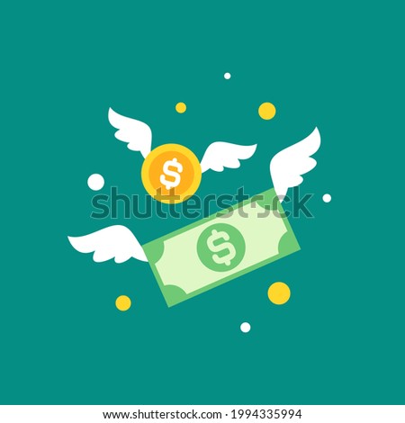 Gold dollar coins and banknotes with wings. Flat  blue background. Flying money. Economy, finance, money pictogram. Wealth symbol.  Vector illustration. Free, easy.  Spend, expenses  