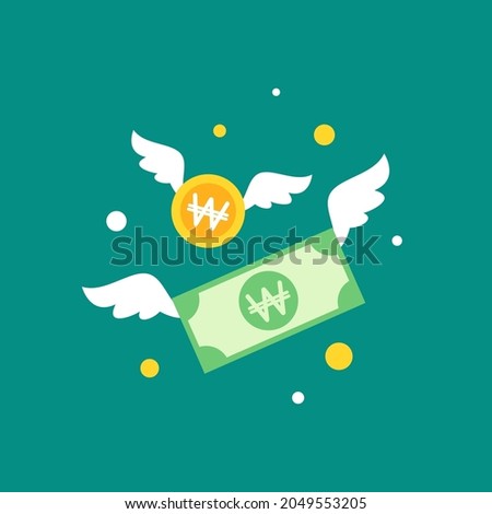 korean won banknotes and coins with white wings.  Isolated on blue background. Flying money. Economy, finance, money pictogram. Wealth symbol. Vector illustration. Free, easy. Spend, expenses  