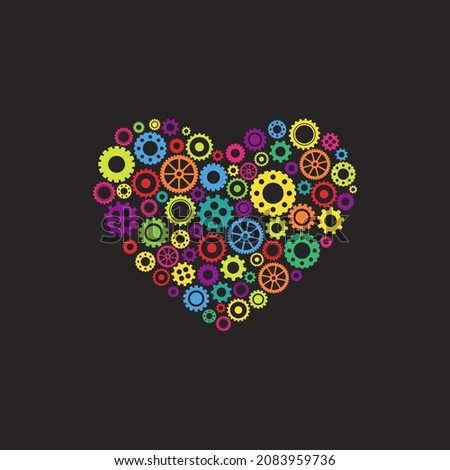 bright heart made of colorful gears and wheels isolated on black background. Pinions combination. Vector flat illustration. Technology or innovation. Creative mind, love ideas concept. 
