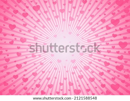 Sunlight glow background with hearts. Pink color burst background. Vector illustration. Sun beam ray sunburst wallpaper. Love St. Valentine backdrop.  Romantic wallpaper. Circus poster or placard