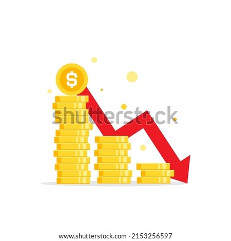 golden dollar coins stack and down arrow. Flat vector icon isolated on white. Economy, finance, money symbol. Currency pictogram. Vector illustration. decrease, fall symbol. Сток-фото © 