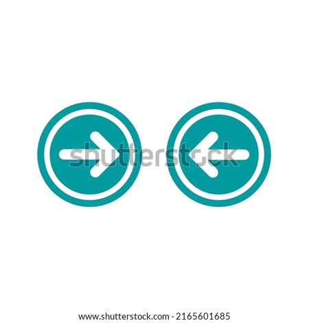 Set of arrows. White left and right rounded arrows in blue circle icons. Isolated on white. Continue icon.  Back and next signs. East and West arrow.