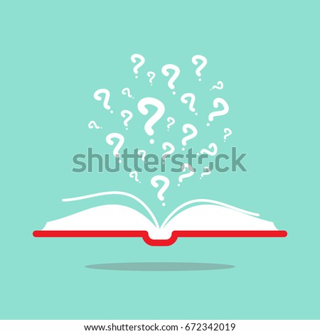 Open book with red book cover and white question marks flying out. Isolated on turquoise background. Flat vector reading icon. Unknown book pictogram. Ask symbol. Curiosity logo.