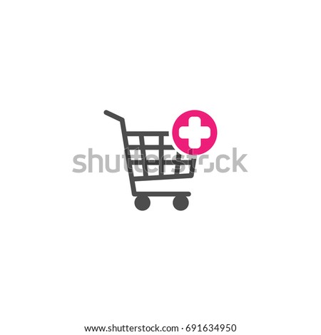 Shopping cart with pink cross sign. Add or plus purchase simple icon isolated on white background. Store trolley with wheels. Flat vector Illustration. Good for web and mobile design.