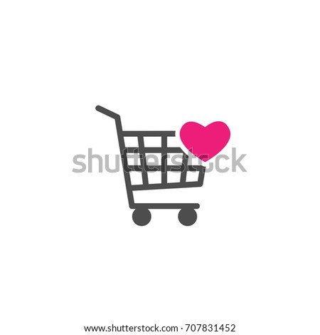 Shopping cart with heart pink sign. simple icon isolated on white background. Store trolley with wheels. Fat vector Illustration. Good for web and mobile design. Favorite purchase