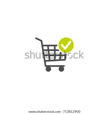 Black shopping cart with green tick sign button. Simple icon isolated on white background. Store trolley with wheels. Flat vector Illustration. Good for web and mobile design.