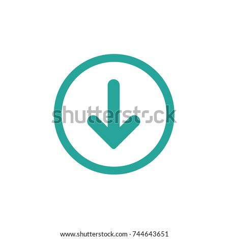 blue rounded arrow down in blue circle icon.  flat download sign isolated on white. point down button. south sign.
