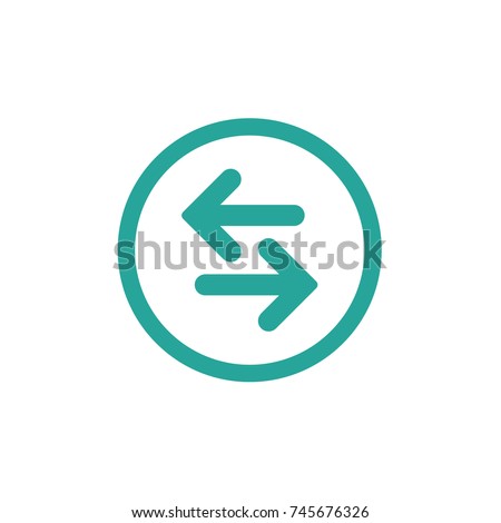Vector icon. Two blue rounded opposite horizontal arrows in blue circle isolated on white. Flat icon. Exchange icon. Good for web and software interfaces.  Flip flop pictogram.