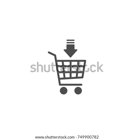 black shopping cart with black down arrow sign. Simple icon isolated on white background. Store trolley. Flat vector Illustration. Good for web and mobile design.