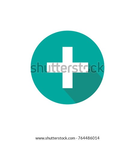 white cross with shadow in turquoise circle. Flat vector icon isolated on white.  Add or plus purchase pictogram.  Good for web and mobile design.