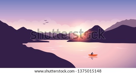 lonely canoeing adventure with orange boat at sunrise on the lake vector illustration EPS10