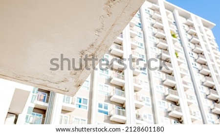Damage caused by water leakage on a wall and ceiling at condominium. Soft focus. Stok fotoğraf © 