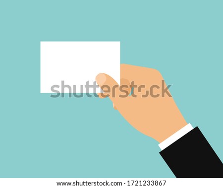 Flat design cartoon illustration of manager hand holding blank business card. Isolated on white background - vector