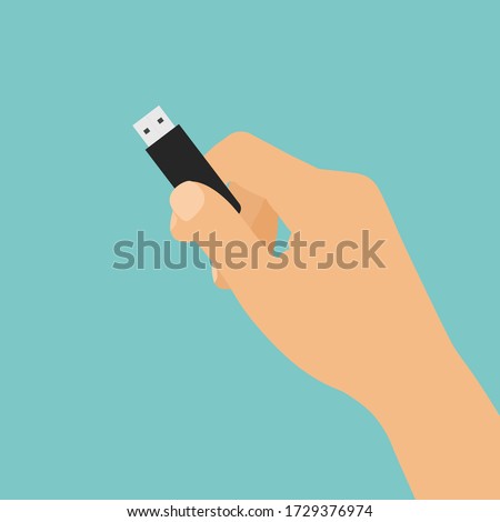 Flat design cartoon illustration of hand holding USB flash drive - vector