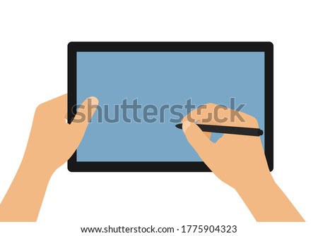 Flat design cartoon illustration of man or woman hands holding tablet with blank blue screen. Stylus signature on touch screen - vector