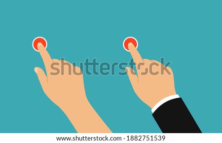 The hand of a businessman or woman pressed a red button with her index finger. Isolated on green background - vector