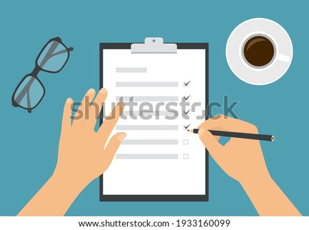 Flat design illustration of a woman's or man's hand filling out a task form with a pencil. Cup of coffee and glasses on a green background - vector