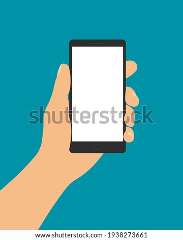 Flat design illustration of male hand holding in fingers mobile phone with blank white touch screen and space for your text.Isolated on green background - vector