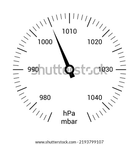 A simple illustration of a barometer dial with numbers and a hand. Notation mbar and hPa - vector