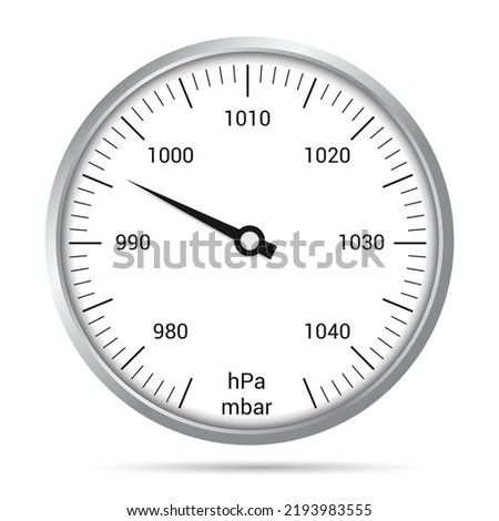 Realistic illustration of barometer dial with numbers, hand and metal border. Black mbar and hPa markings on a white background - vector