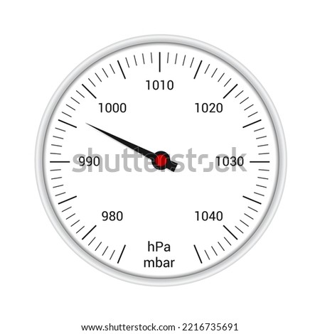 Realistic illustration of a round barometer with a white plastic circular frame. Arrow for pressure measurement and scale with numbers - vector