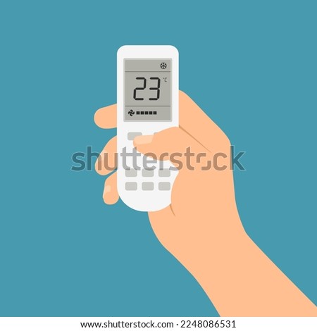 Male hand holding air conditioner controller with buttons and display - vector on green background