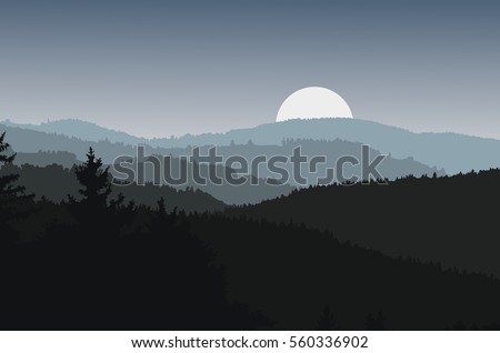 Panorama landscape with dark silhouettes of hills, forest, mountains, dramatic clear sky, moonrise - vector illustration