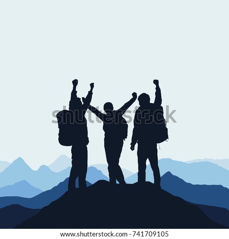 Vector illustration of a mountain landscape with realistic silhouettes of three mountain climbers on the top of a mountain with victorious gesture under an blue sky with fog