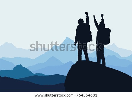 panoramic view of the mountain landscape with fog in the valley below with the alpenglow blue sky and rising sun - vector