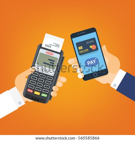 Mobile Pay, payment for services, shopping and entertainment. Hand with phone and payment terminal. Vector illustration, flat style.