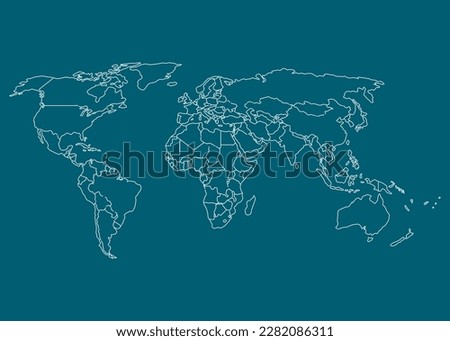 Map of World blue and white line art detailed country borders 