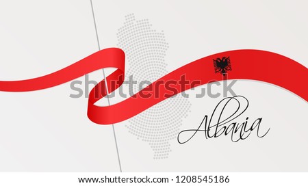 Vector illustration of abstract radial dotted halftone map of Albania and wavy ribbon with Albanian national flag colors for your graphic and web design
