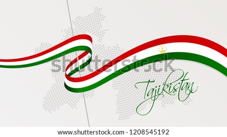 Vector illustration of abstract radial dotted halftone map of Tajikistan and wavy ribbon with Tajikistan's national flag colors for your graphic and web design