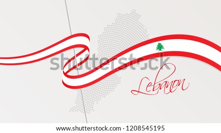 Vector illustration of abstract radial dotted halftone map of Lebanon and wavy ribbon with Lebanese national flag colors for your graphic and web design