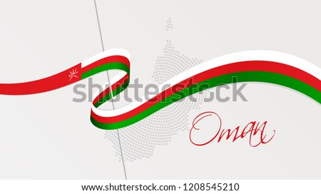 Vector illustration of abstract radial dotted halftone map of Oman and wavy ribbon with Omani national flag colors for your graphic and web design