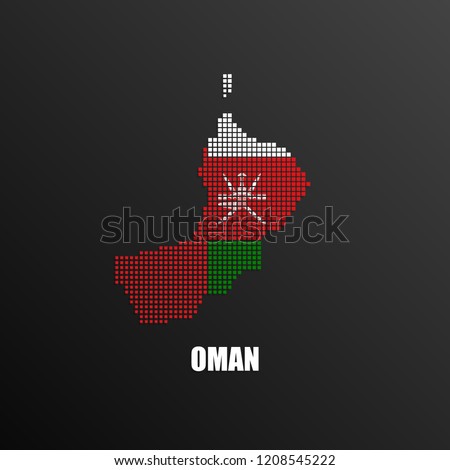 Vector illustration of abstract halftone map of Oman made of square pixels with Omani national flag colors for your graphic and web design