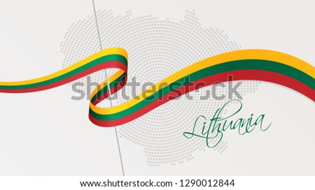 Vector illustration of abstract radial dotted halftone map of Lithuania and wavy ribbon with Lithuanian national flag colors for your graphic and web design