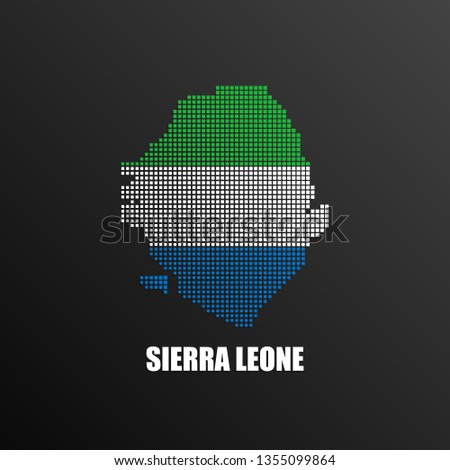 Vector illustration of abstract halftone map of Sierra Leone made of square pixels with national flag colors for your design