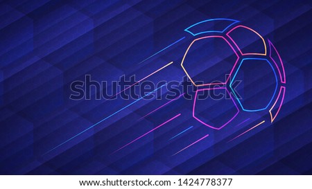 Football championship light background. Vector illustration of abstract glowing neon colored soccer ball and hexagon grid pattern over blue background