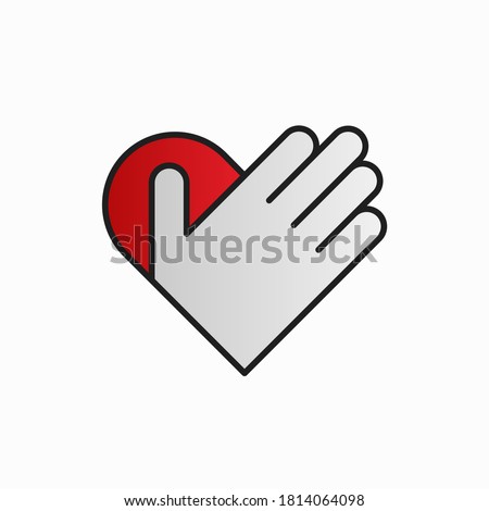 Hand on heart logo design. Vector illustration of abstract red heart with hand over it isolated on white background