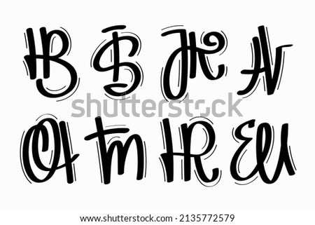 Two letter monograms set. Vector illustration of HB, IS, JK, AV, OA, TM, HR, EU hand drawn symbols isolated on white background for your design