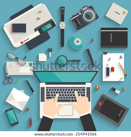 Flat style modern design concept of creative workplace of a designer. Icon set of business work flow items, office things and other objects for your design