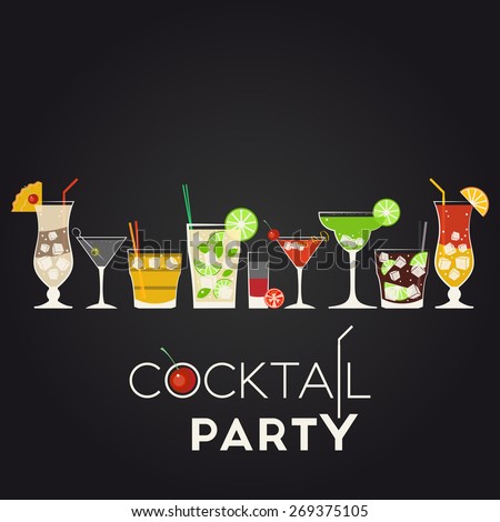 Pina Colada, Dry Martini, Screwdriver, Mojito, Bloody Mary, Cosmopolitan, Margarita, Cuba Libre, Tequila Sunrise. Cocktail party invitation poster for your design