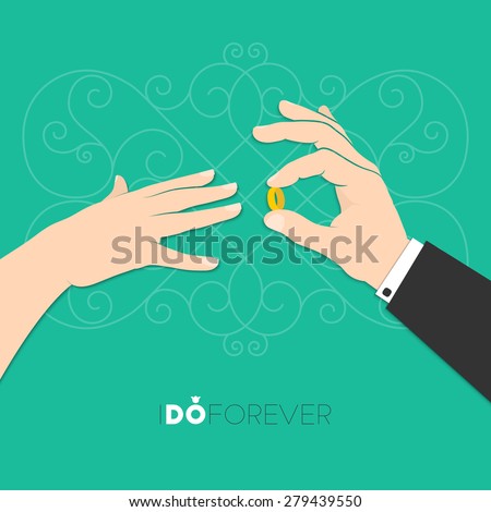 Vector illustration of groom's hand putting wedding ring on bride's finger for your design