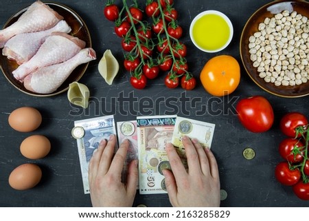 Concept of high costs of every day food in Bulgaria. Lev currency and products on black background.  Photo stock © 