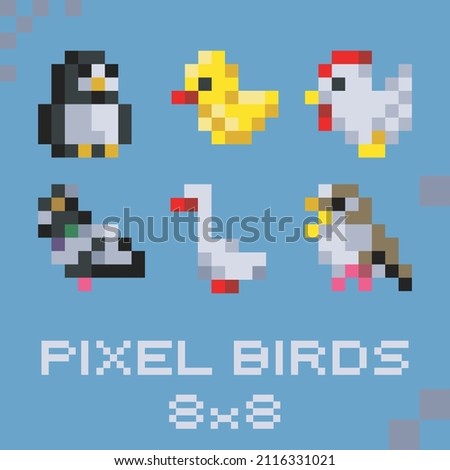 Pixel birds set 8x8. 6 little birds.