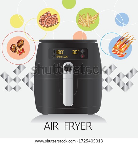 Realistic air fryers with 
fried foods. It's a smart kitchen appliance that cooks by circulating hot air.